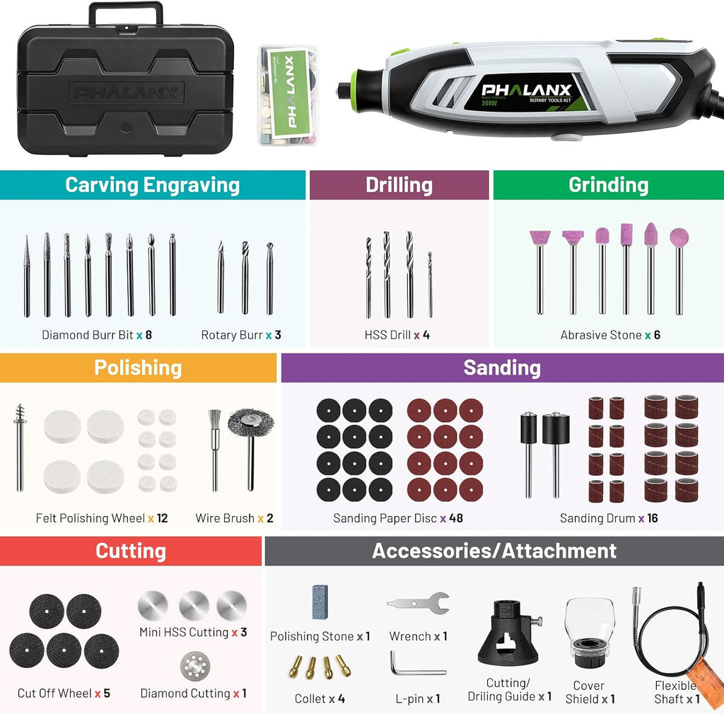 Kit de herramientas rotativas de 200 W, 10000-38000 rpm, multiherramienta de 6 velocidades con eje flexible y kit de accesorios de 132 piezas, herramientas rotativas eléctricas para manualidades de