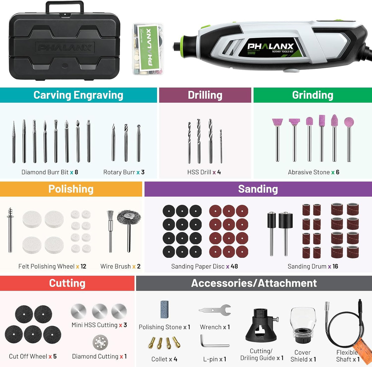 Kit de herramientas rotativas de 200 W, 10000-38000 rpm, multiherramienta de 6 velocidades con eje flexible y kit de accesorios de 132 piezas, herramientas rotativas eléctricas para manualidades de