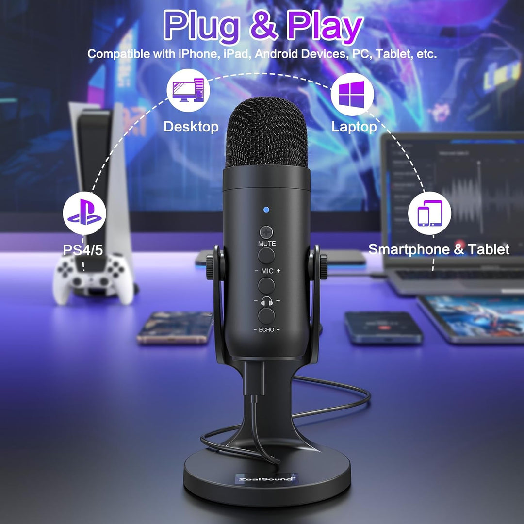 ZealSound Micrófono de podcast para PC, micrófono USB con cancelaci...