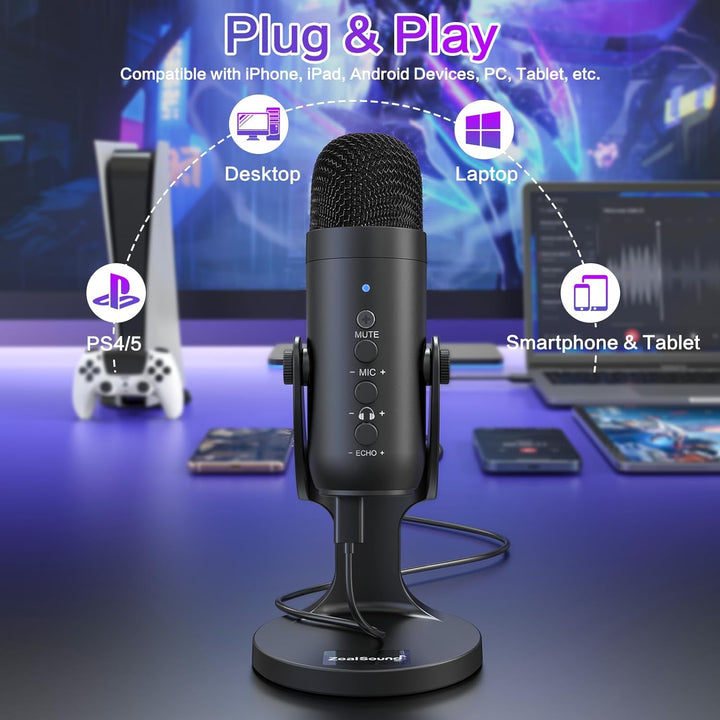 ZealSound Micrófono de podcast para PC, micrófono USB con cancelaci...