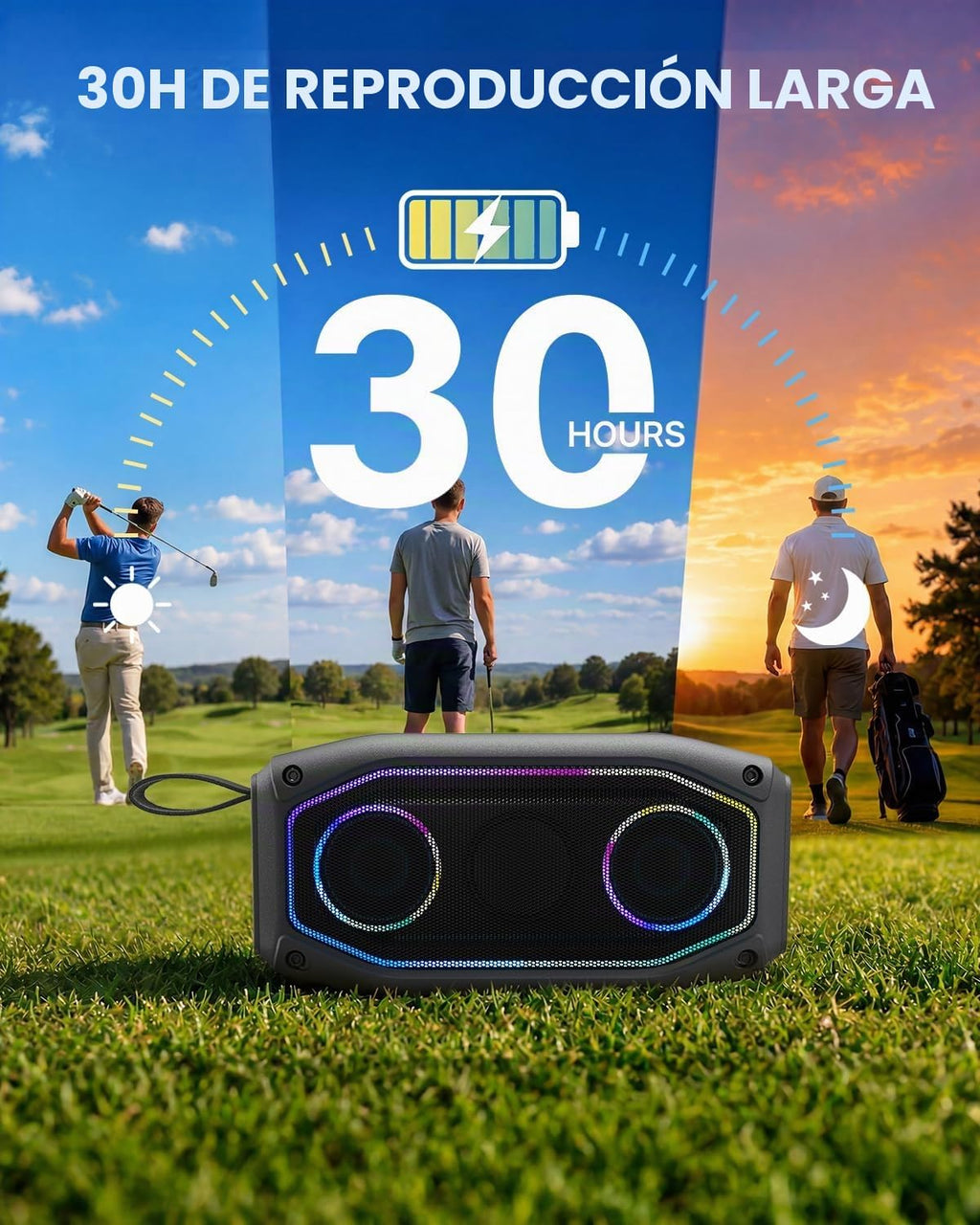 Qozybuds Altavoz de golf magnético, altavoz portátil Bluetooth 6.0 para carrito de golf de 30 W, IPX6 impermeable, tiempo de reproducción de 30 horas, estéreo TWS, luz RGB, altavoz al aire libre a