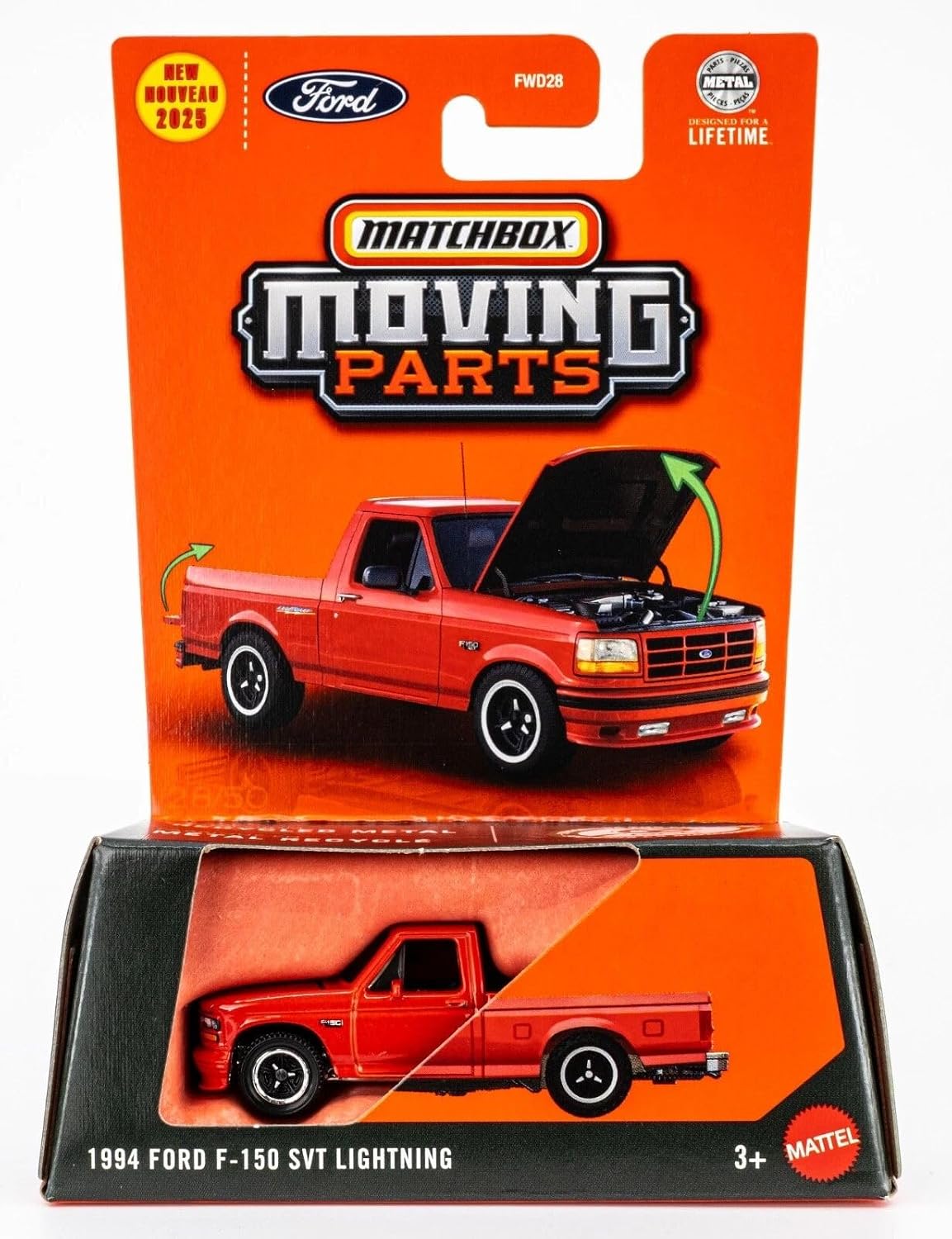 Matchbox Moving Parts 1994 Ford F-150 SVT Lightning [Rojo] 28/50, escala 1:64, vehículo de juguete fundido a presión