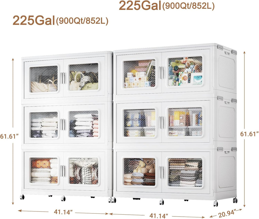 BROVIEW Contenedores de almacenamiento apilables extra grandes de 450 galones con tapas y ruedas, cajón de plástico plegable resistente de 1800 cuartos de galón, caja de almacenamiento abierta para