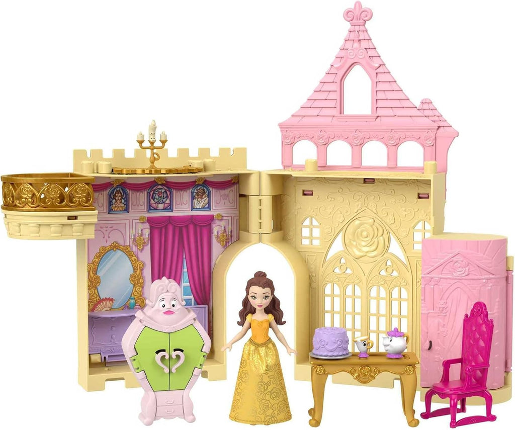 Mattel Juguetes de Princesas Disney, juegos apilables para la hora del cuento, castillo de Bella, casa de muñecas apilable con pequeña muñeca y 9 piezas, inspirados en la película de Disney