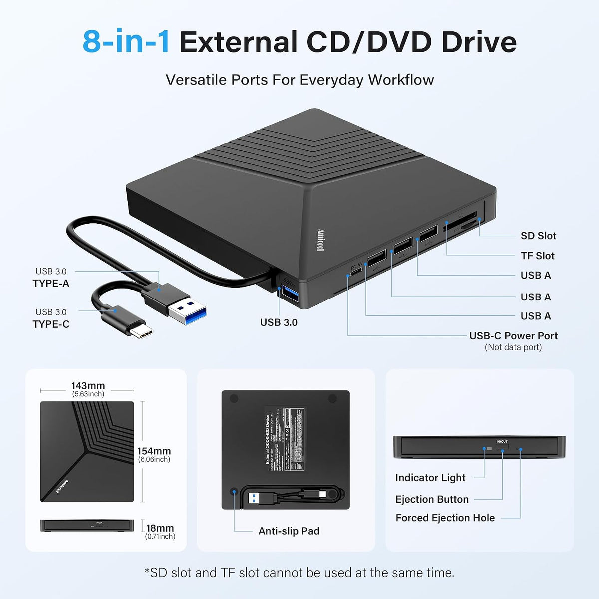 Unidad de CD/DVD externa Amicool 8 en 1 USB A\/C con puerto de lect...