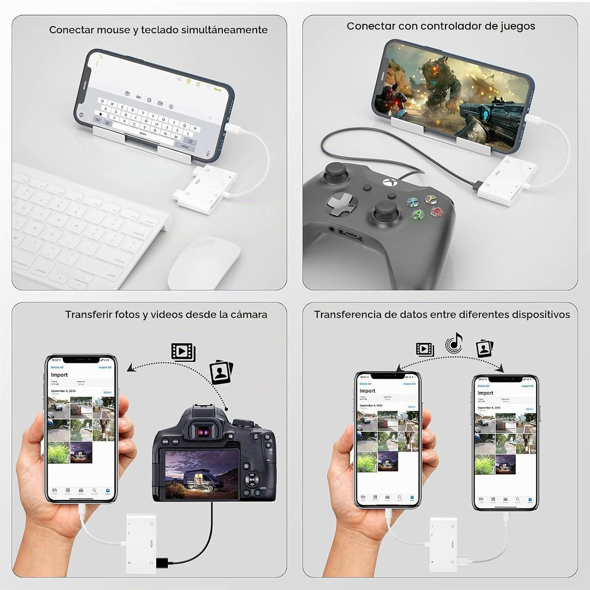 Adaptador de Lightning a HDMI con Puerto de Cámara USB y Carga, Lector de Tarjetas SD