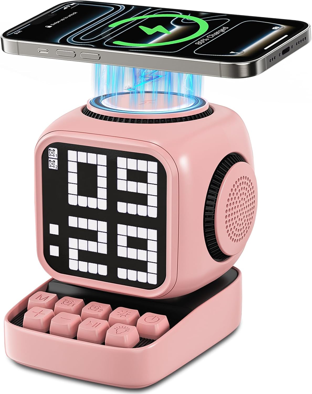 Altavoz Bluetooth 5 en 1 de robot retro: cargador inalámbrico de 15 W, pantalla LED de píxeles, sonido estéreo de 10 W y 15 ruido blanco, reloj despertador, lindo altavoz inalámbrico portátil para