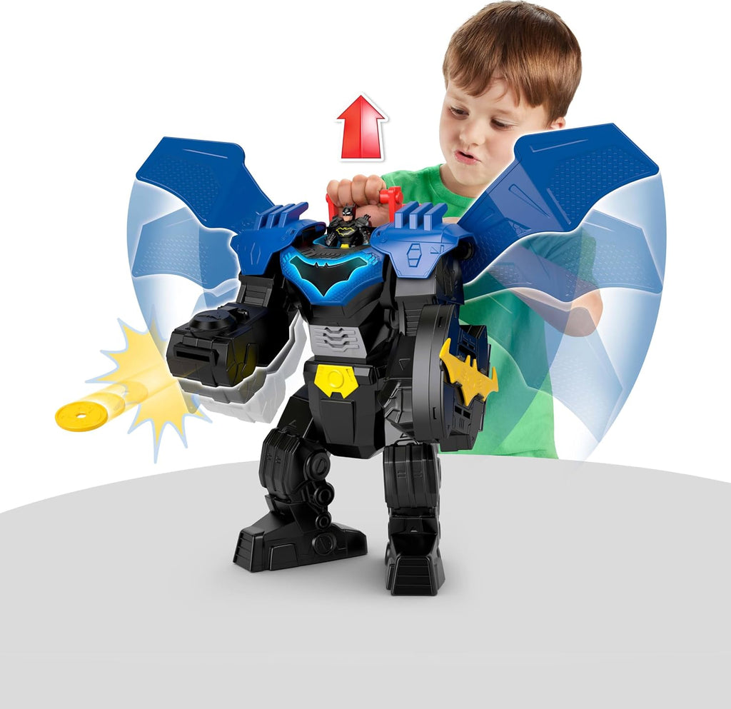 Fisher-Price Imaginext DC Super Friends, Batman Flight Mech con luces, sonidos, movimiento y figura de acción de 3 pulgadas, juguete de 14.5 pulgadas incluye lanzador y discos