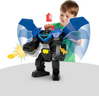 Fisher-Price Imaginext DC Super Friends, Batman Flight Mech con luces, sonidos, movimiento y figura de acción de 3 pulgadas, juguete de 14.5 pulgadas incluye lanzador y discos