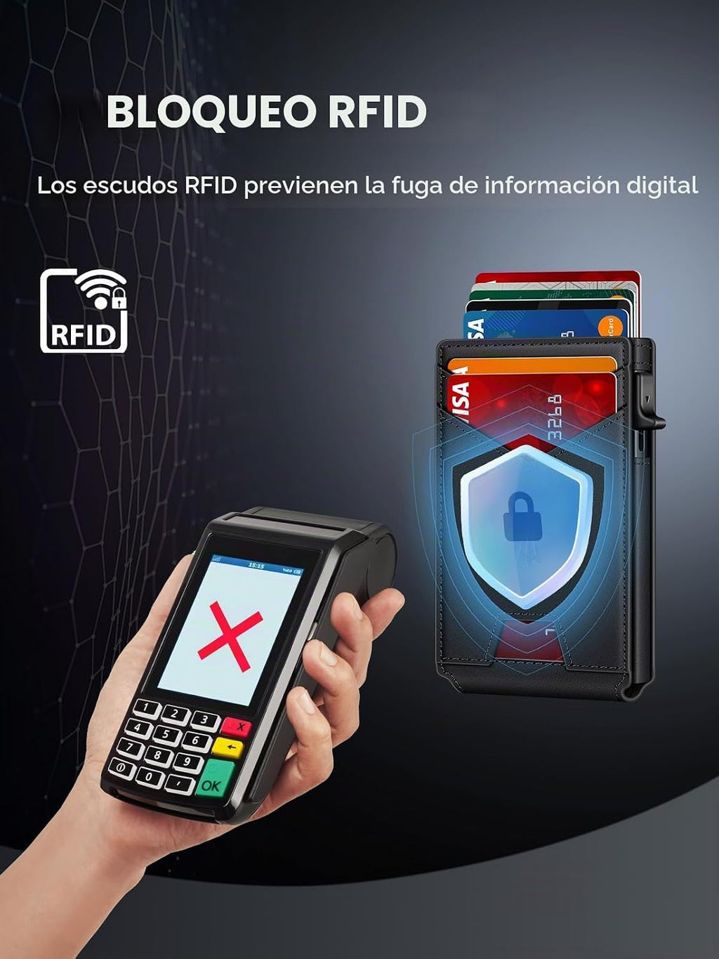 Cartera para hombre, delgada y minimalista con clip para dinero y ventana de identificación, bloqueo RFID, soporte para tarjetas de crédito emergente, billetera inteligente de aluminio para