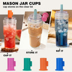 Vasos de vidrio con tapas y pajitas, vaso a prueba de fugas, vaso de café de 24 onzas, vaso de tapa a prueba de fugas, popote de silicona, reutilizable, taza de café helado, batido de café