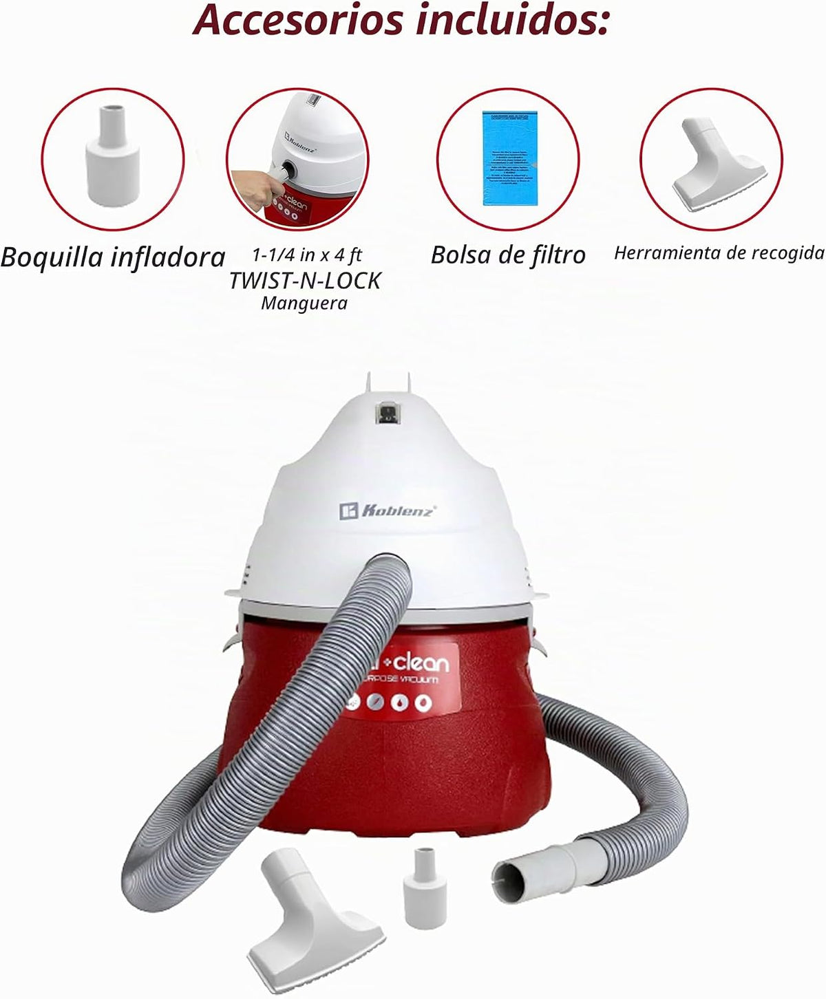 Koblenz WD-355K2 Aspiradora portátil de soplado húmedo y seco, tanque de 3 galones, 2.0 HP Designer Series Aspiradora con varios accesorios, rojo/blanco, 5 años de garantía