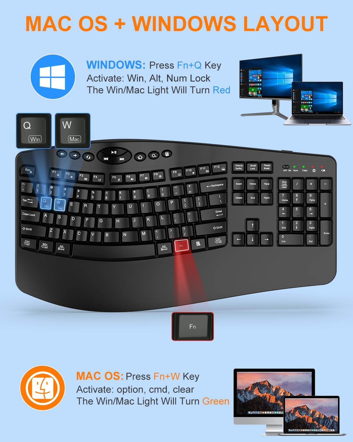 Combo ergonómico de teclado y mouse inalámbricos, teclas onduladas...