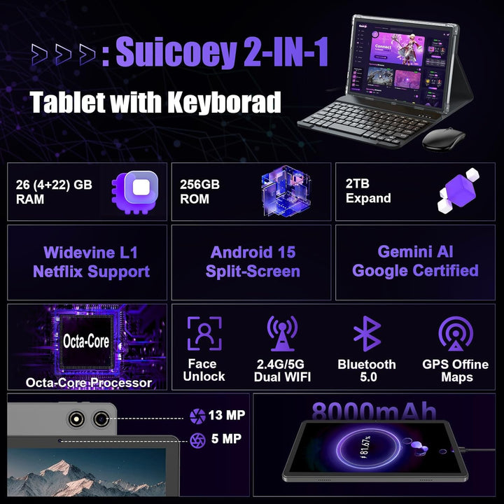 Tablet Android de 10 pulgadas, tableta Android 15 2026 con teclado,...