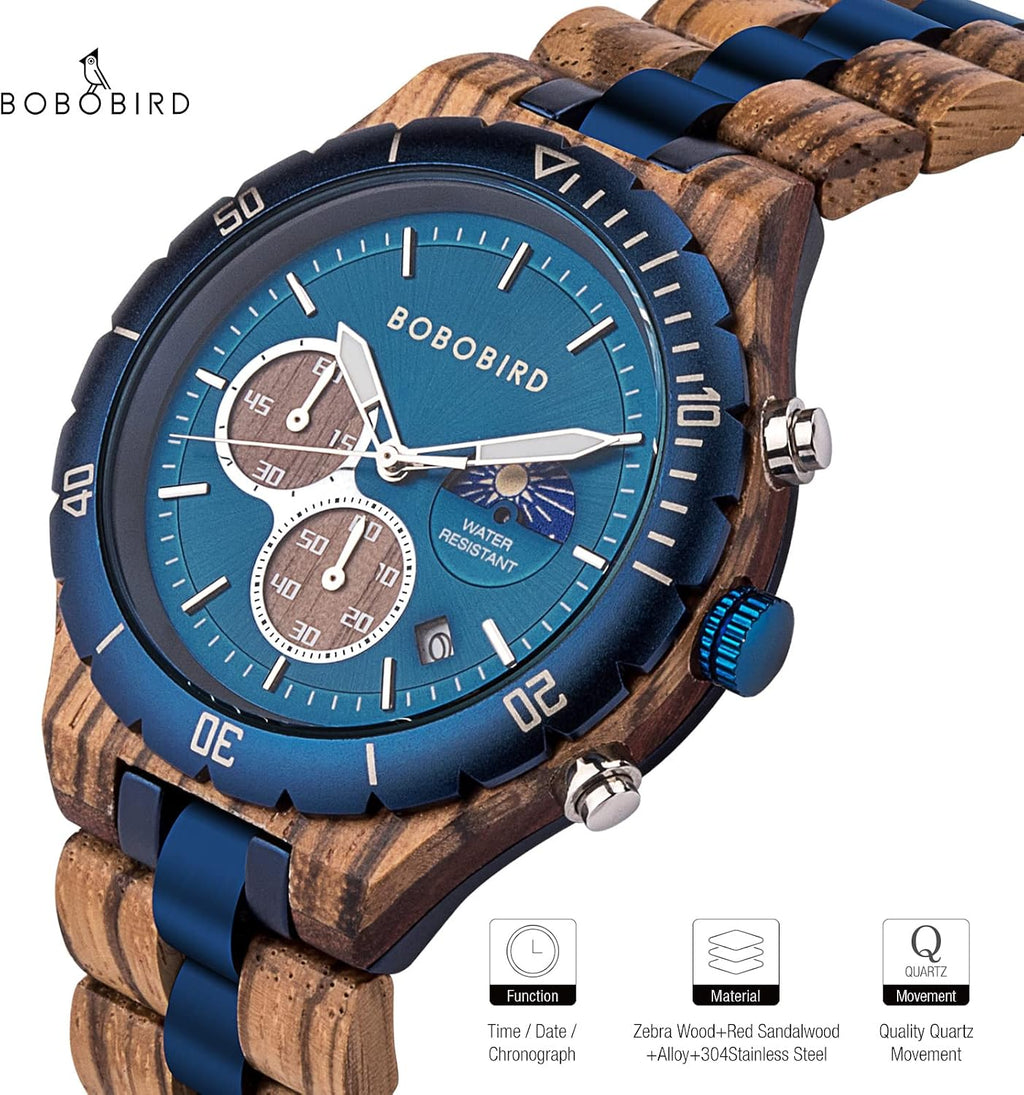 BOBO BIRD Reloj de madera de cuarzo para hombre, acero inoxidable, aleación de sándalo rojo, reloj de pulsera para hombre, función clásica, cronógrafo, manecillas luminosas, visualización de fecha de