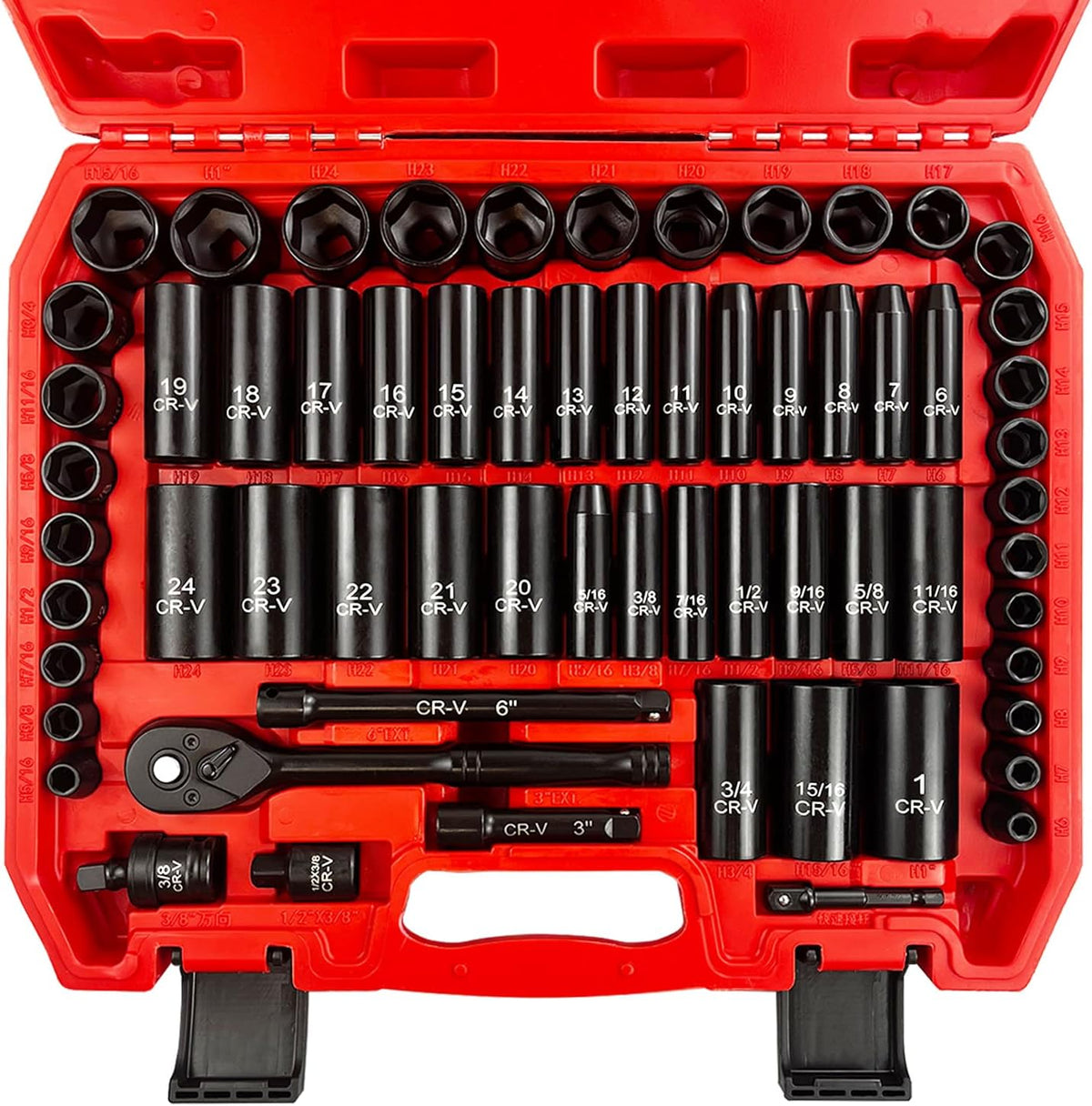 Juego de llaves de 64 piezas de 3/8", Juego de llaves de impacto, SAE/métrico, profundo y poco profundo, acero Cr-V, 6 puntas con adaptadores, mango de trinquete de 72 dientes, barras de