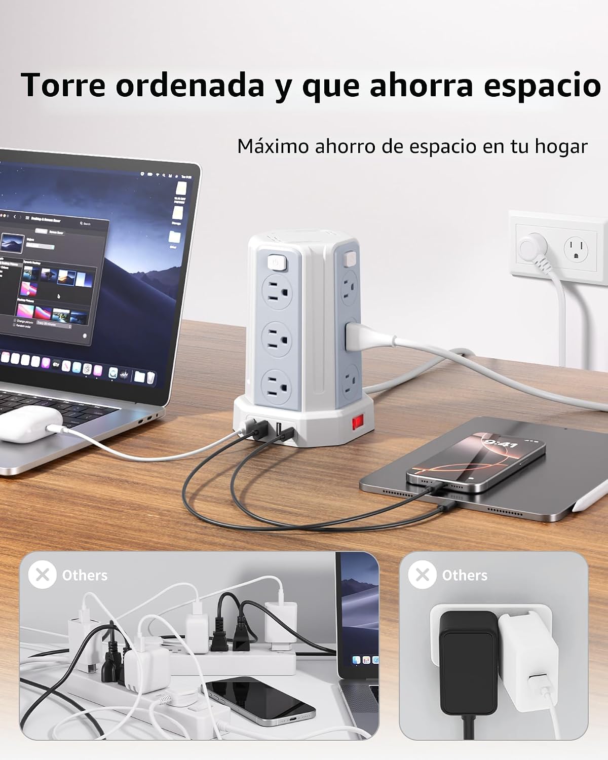 SMALLRT - Cable de extensión de 10 pies con 12 tomas de corriente alterna múltiples, 4 USB (1 USB C), estación de carga de escritorio SMALLRT para hogar, oficina, universidad, dormitorio esencial