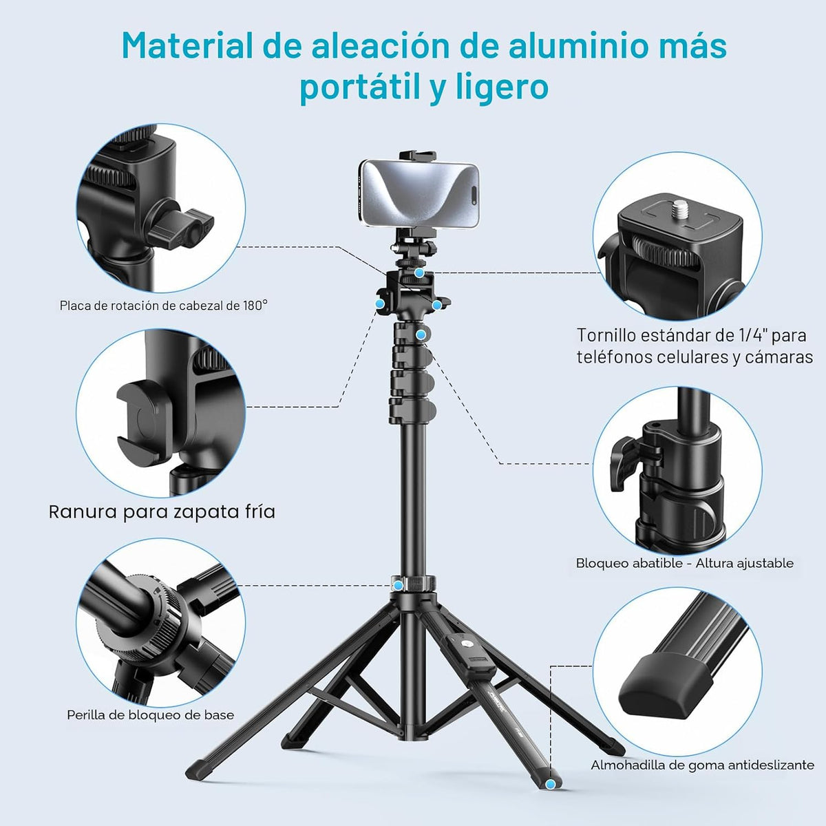 Fugetek Trípode profesional para teléfono celular de 62", diseño ultra estable de 4 patas, control remoto Bluetooth, bastón y patas 100% de aluminio, portátil todo en uno, soporte para teléfono de 360