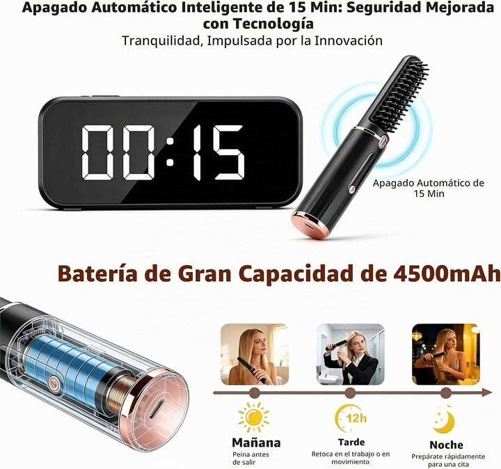 Cepillo alisador de pelo inalámbrico, calentamiento rápido, 4500 mA...