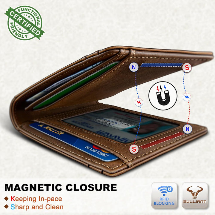 BULLIANT Cartera magnética para hombre, de piel de grano completo,...