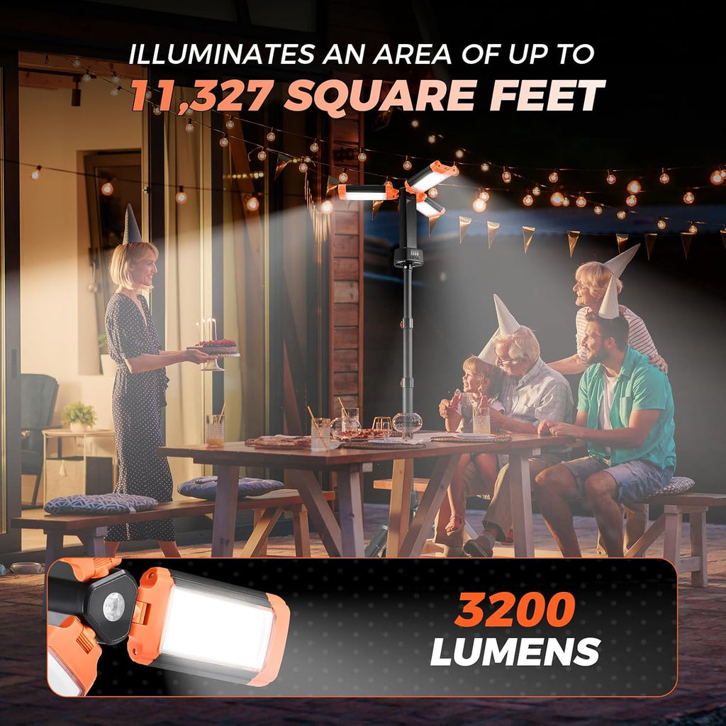 Lámpara SakerPlus Luz de campamento portátil con soporte, luz de trabajo al aire libre de 20000 mAh, 800-3200 lúmenes, altura de 6.1 pies con trípode desmontable, LED regulable de 3300 a 6500 K, linterna de