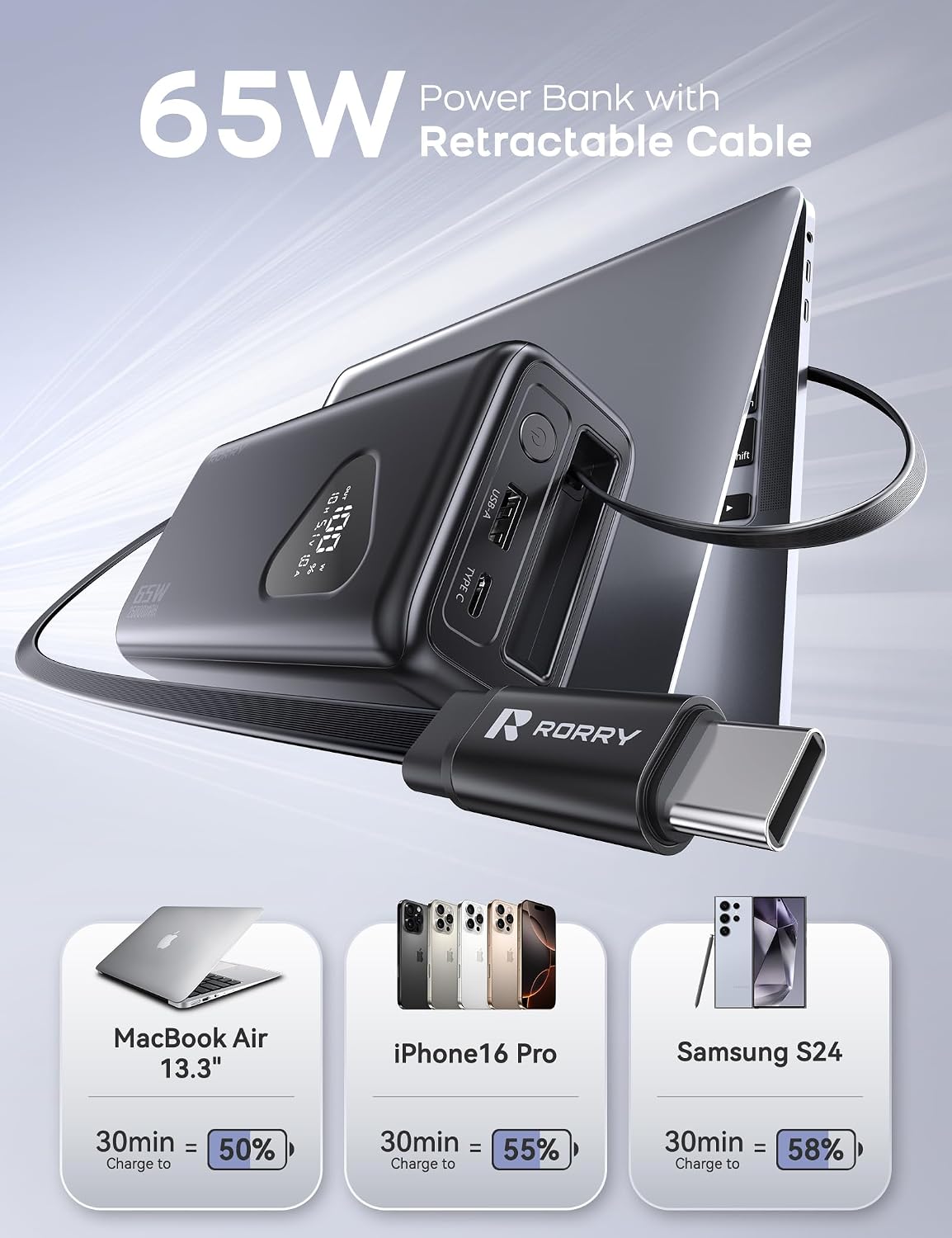 RORRY Laptop Power Bank, 25000mAh 65W Cargador portátil para comput...