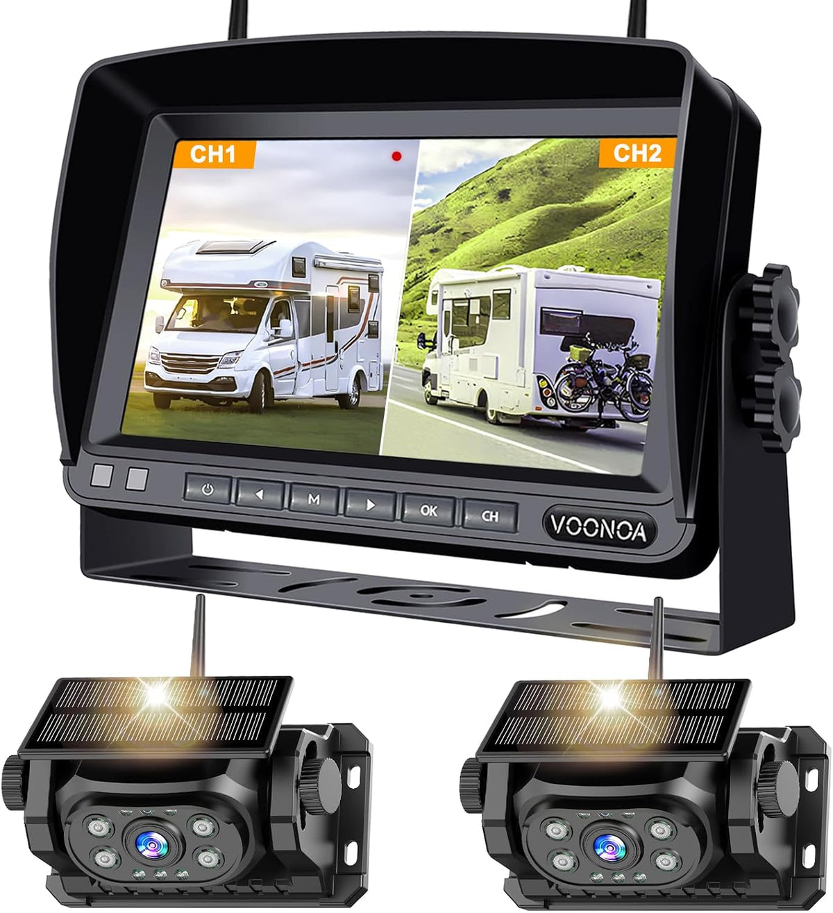 VOONOA 2 cámaras magnéticas inalámbricas de respaldo con sistema de monitor DVR HD 1080P de 7 pulgadas, 15000 mAh, recargable, impermeable, doble cámara solar inversa para enganche, remolque, coche, remolque, camión, caravana, VN007
