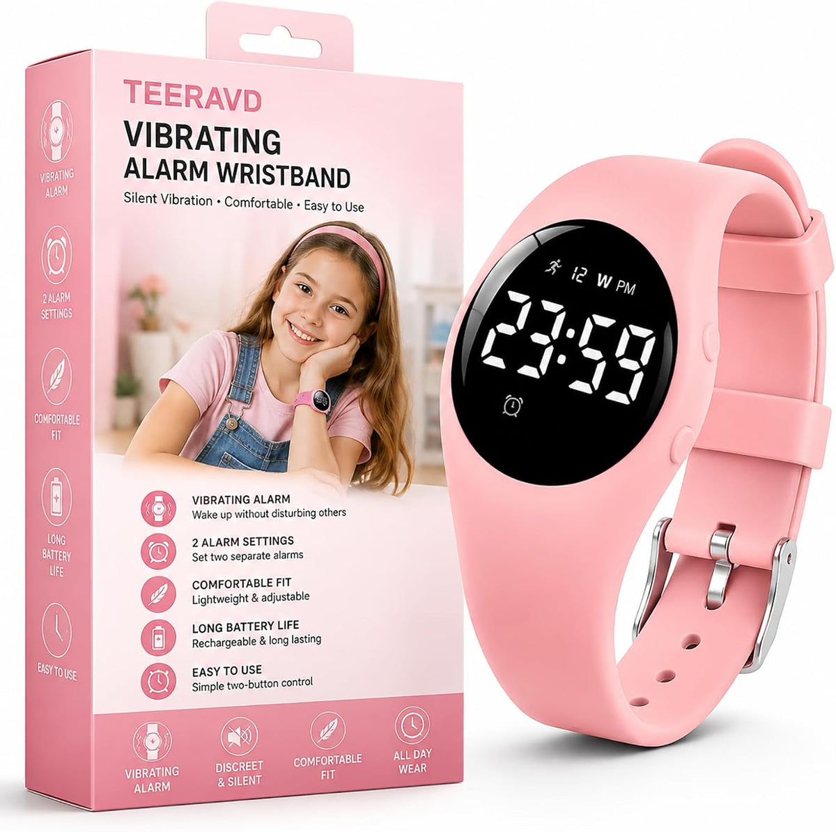 Reloj despertador para personas que duermen pesadas, pulsera vibratoria, reloj de despertador silencioso con rastreador de fitness, contador de pasos, cronómetro, cronómetro, resistente al
