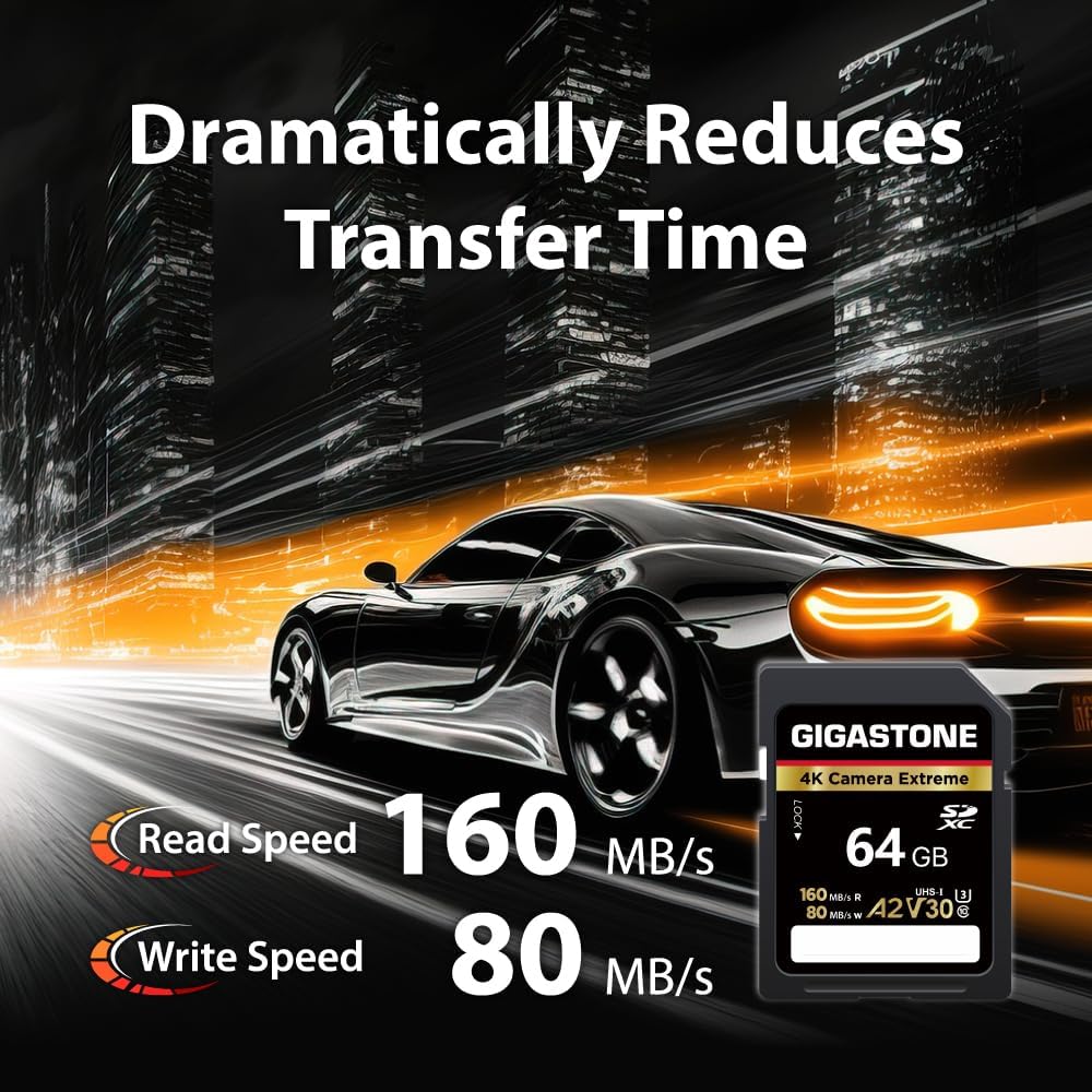 Recuperación de datos gratuita de 5 años: tarjeta SD GIGASTONE de 64 GB, cámara 4K extrema, velocidad de hasta 160 MB/s, tarjeta de memoria UHS-I A2 V30 U3 SDXC de alta velocidad de video UHD