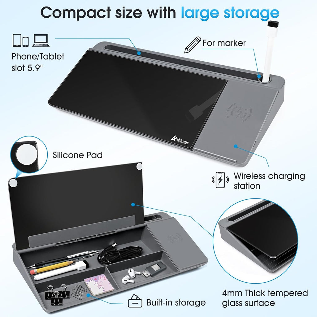 Varhomax Glass Desk Whiteboard con Wireless Charger, Desktop Organizer