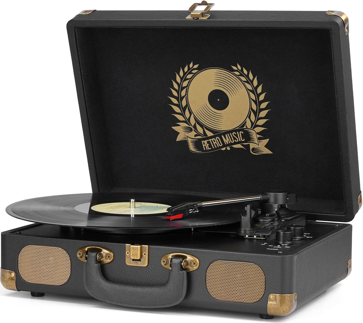 Tocadiscos de vinilo Bluetooth de 3 velocidades portátil con altavoces integrados, salida de línea RCA auxiliar en conector de auriculares, tocadiscos vintage, color negro