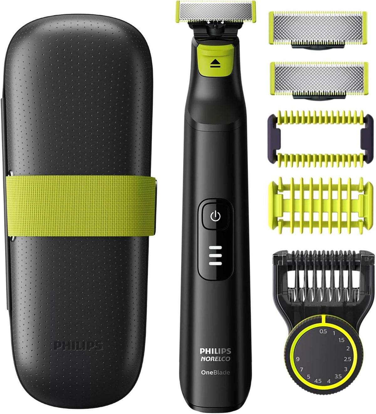 PHILIPS OneBlade Pro Face + Body Recortadora y Afeitadora Eléctrica Híbrida, recargable, peine de precisión ajustable de 14 longitudes, kit para cuerpo, hoja de doble cara, uso en húmedo y seco, estuche de viaje