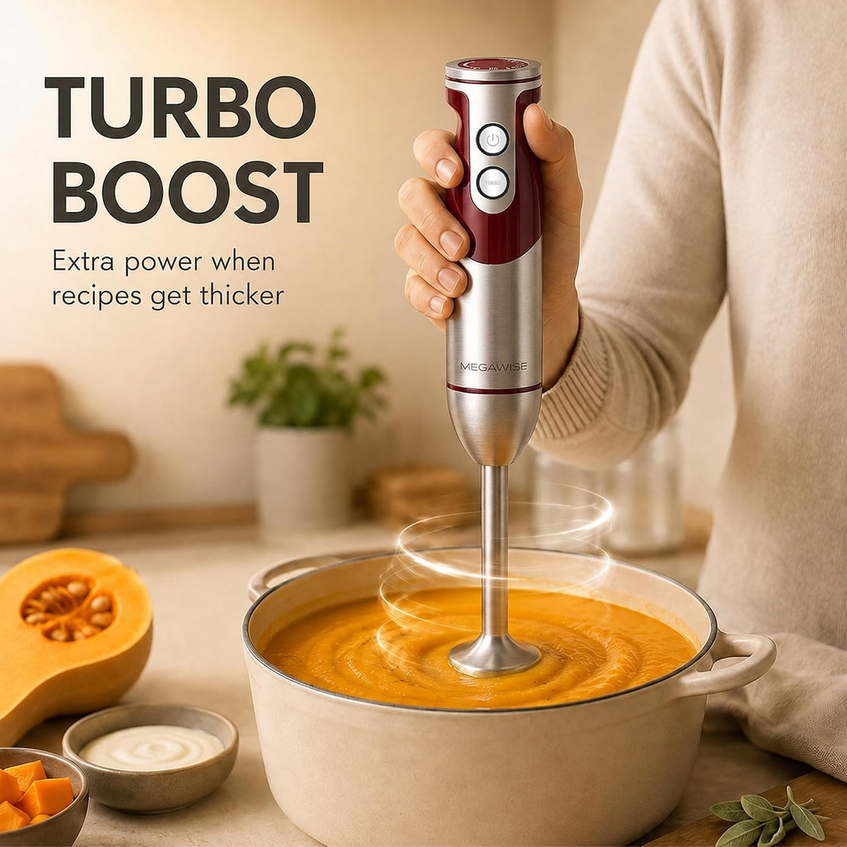 MegaWise Juego de batidora de mano 3 en 1 con control de velocidad variable, licuadora de inmersión de 400W - Incluye batidor, espumador de leche, picador y vaso medidor para batidos, sopas y