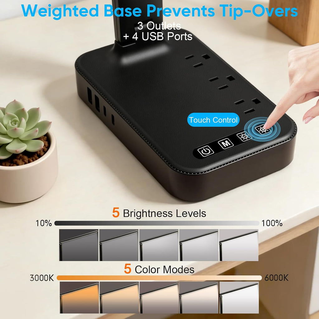 Lámpara karidi Lámpara de escritorio LED con tira de alimentación, 3 salidas de CA y 4 puertos USB (2 USB-C), luz de tareas para el cuidado de los ojos, 5 modos de color, 5 brillo regulable, base resistente