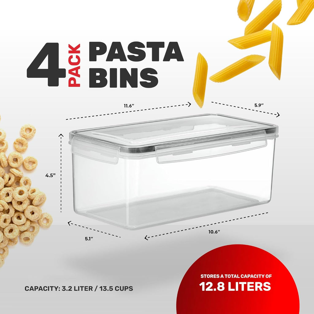 Recipientes grandes herméticos para almacenar alimentos con tapas, juego de 4 recipientes de almacenamiento de pasta de 3.2L a 102 onzas líquidas, recipiente de plástico sin BPA para espaguetis - Recipientes herméticos para organización de despensa de