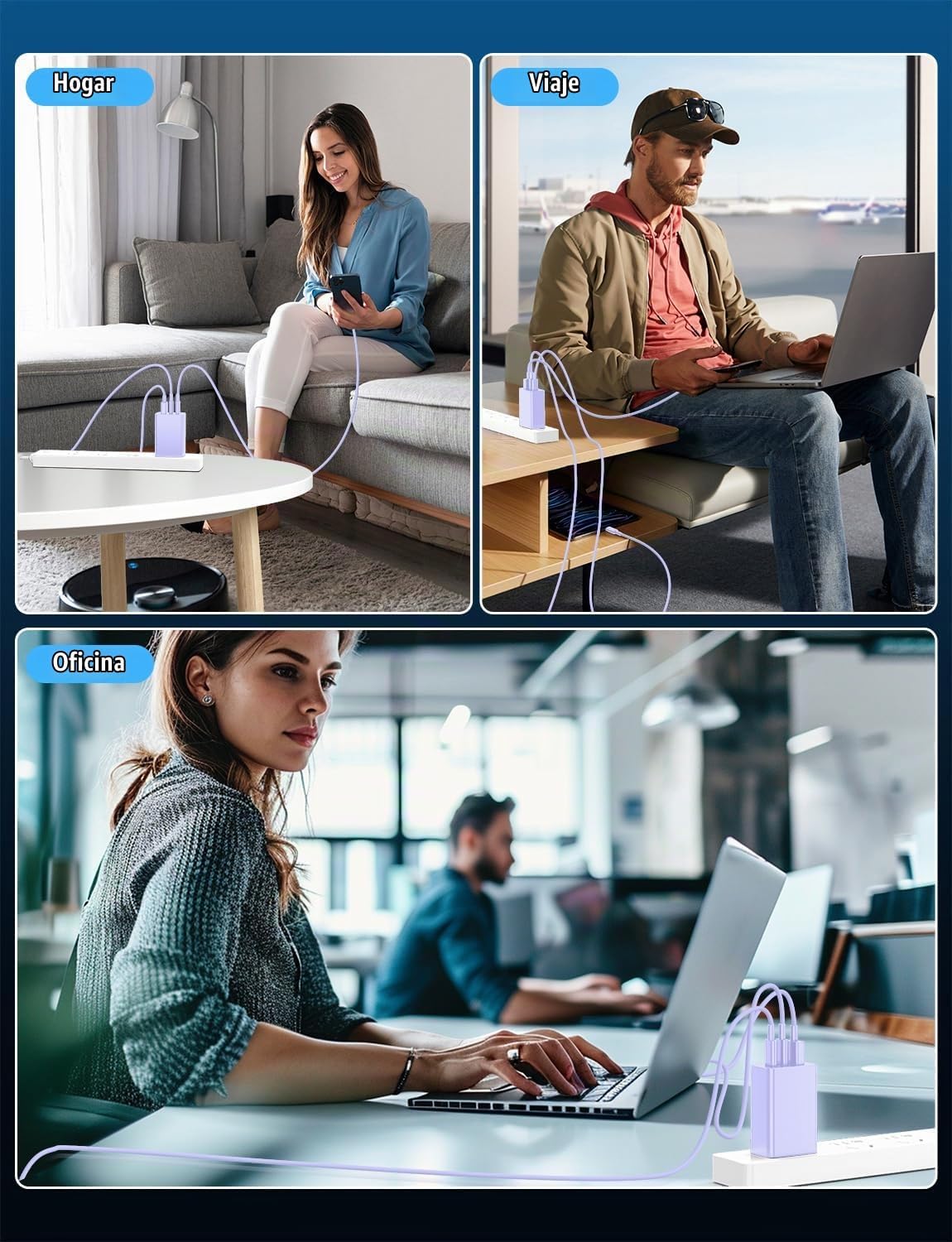 Paquete de 2 bloques de cargador de pared USB C de 65 W, adaptador de carga USB C de 3 puertos de 100 W tipo C de carga súper rápida para MacBook Pro/Air, i-Pad Pro, i-Phone 17/16/15, Galaxy S25 y más
