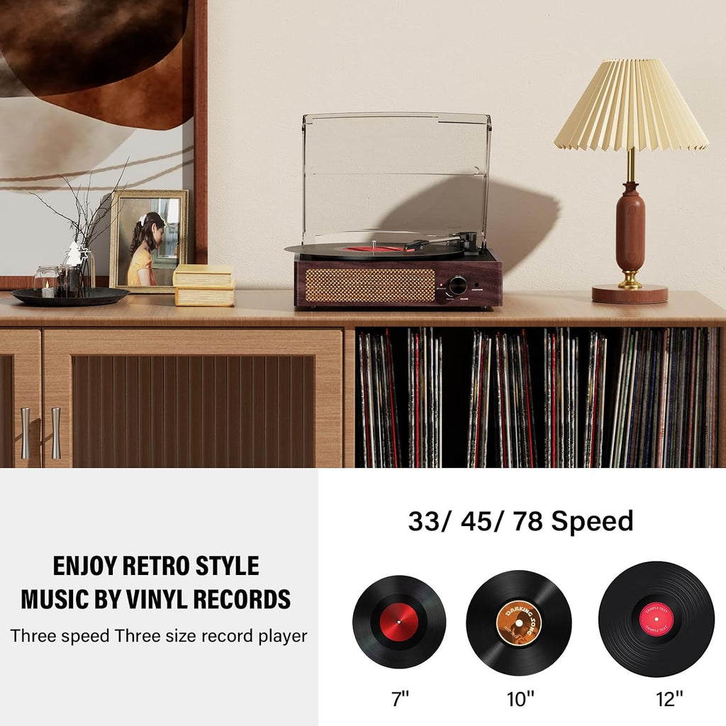 Tocadiscos de vinilo con receptor Bluetooth integrado y 2 altavoces estéreo, 3 velocidades, tamaño portátil retro para entretenimiento y decoración del hogar