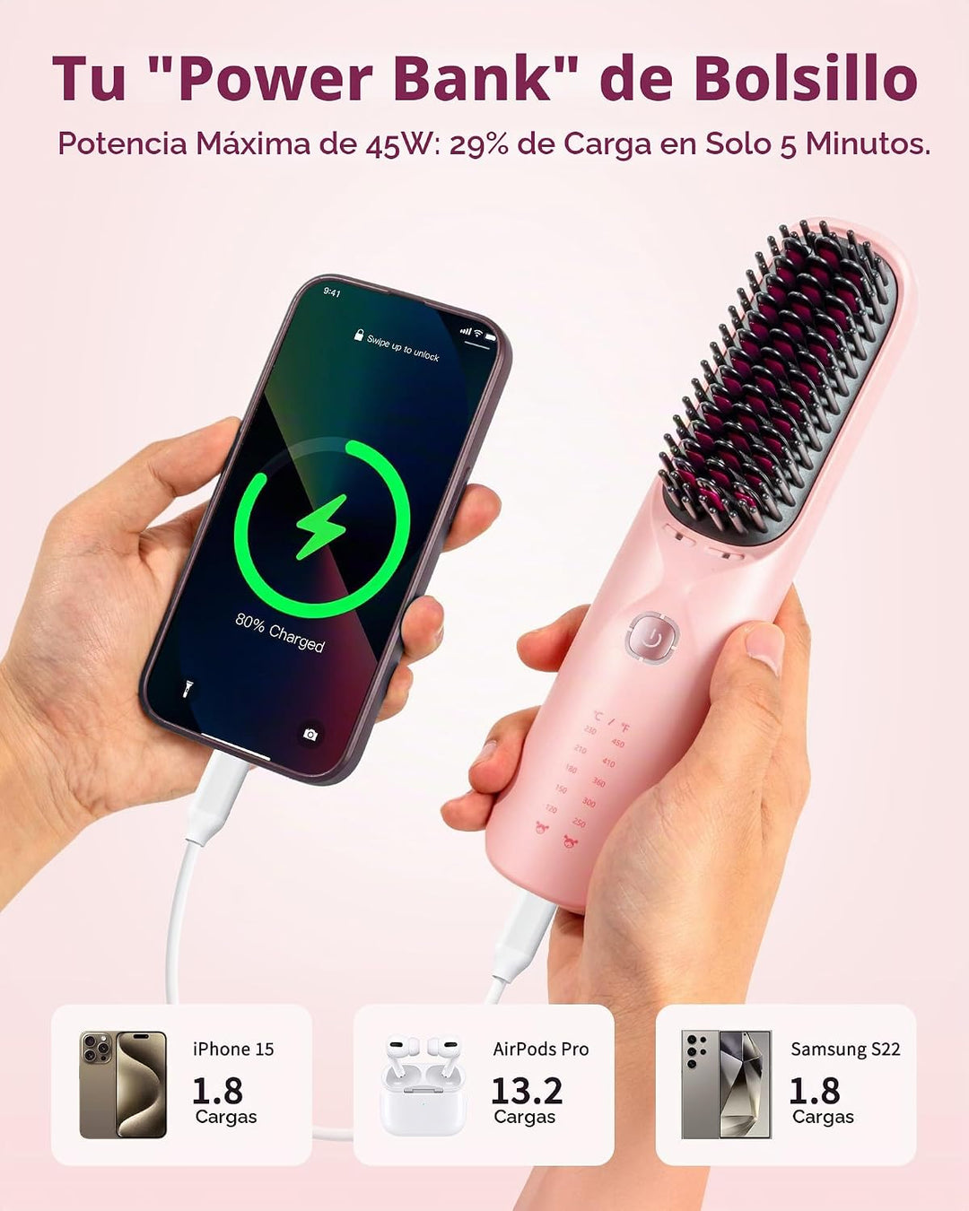 Cepillo alisador de cabello inalámbrico, cepillo portátil para esti...