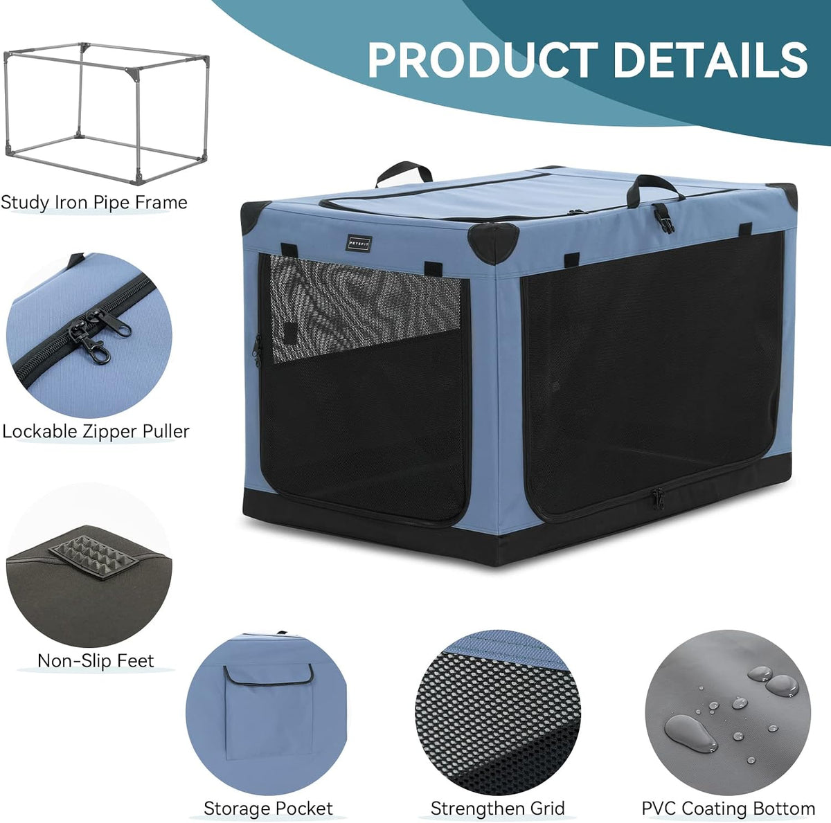 PETSFIT Jaula portátil suave de 36 pulgadas para perros – Marco resistente en espiral patentado, perrera plegable para perros medianos y grandes, 3 puertas de malla, cremalleras con cerradura