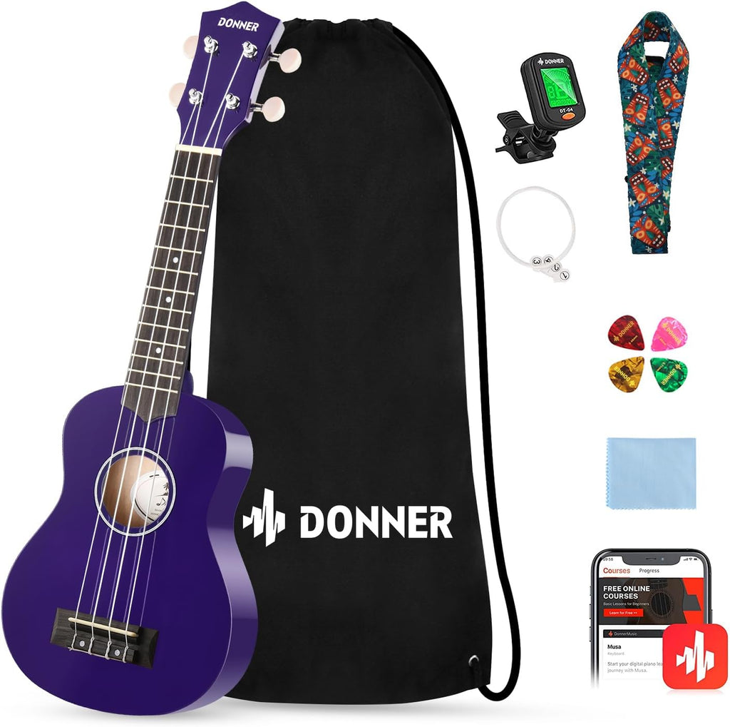 Donner Ukelele Soprano para Principiantes de 21 Pulgadas Kit de Iniciación con Lecciones Gratuitas en Línea Bolsa Correa Cuerda Afinador Púas Paño Ukalalee Yukalalee (Morado)