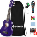 Donner Ukelele Soprano para Principiantes de 21 Pulgadas Kit de Iniciación con Lecciones Gratuitas en Línea Bolsa Correa Cuerda Afinador Púas Paño Ukalalee Yukalalee (Morado)