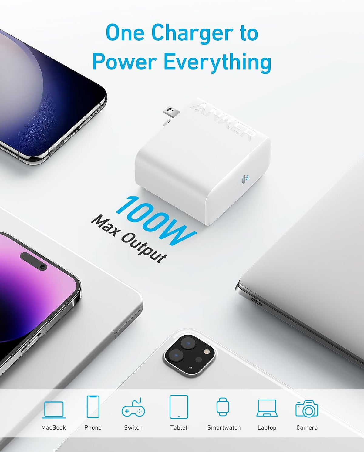 Cargador para portátil Anker, compacto y plegable de 100W USB-C con cable de 5 ft