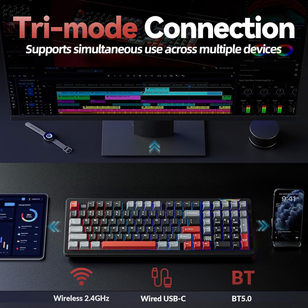 Teclado mecánico inalámbrico LINGBAO K98 para juegos, modo tri BT5....