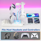 Soporte para Auriculares KDD con Estación de Carga - Soporte Desmontable para Controlador con 9 Modos de Iluminación - Percha Giratoria para Auriculares con Puertos Cargador USB A y C - Gancho para Audífonos para Almacenamiento de Accesorios de Juego para