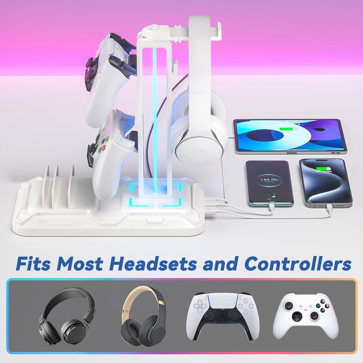 Soporte para Auriculares KDD con Estación de Carga - Soporte Desmontable para Controlador con 9 Modos de Iluminación - Percha Giratoria para Auriculares con Puertos Cargador USB A y C - Gancho para Audífonos para Almacenamiento de Accesorios de Juego para