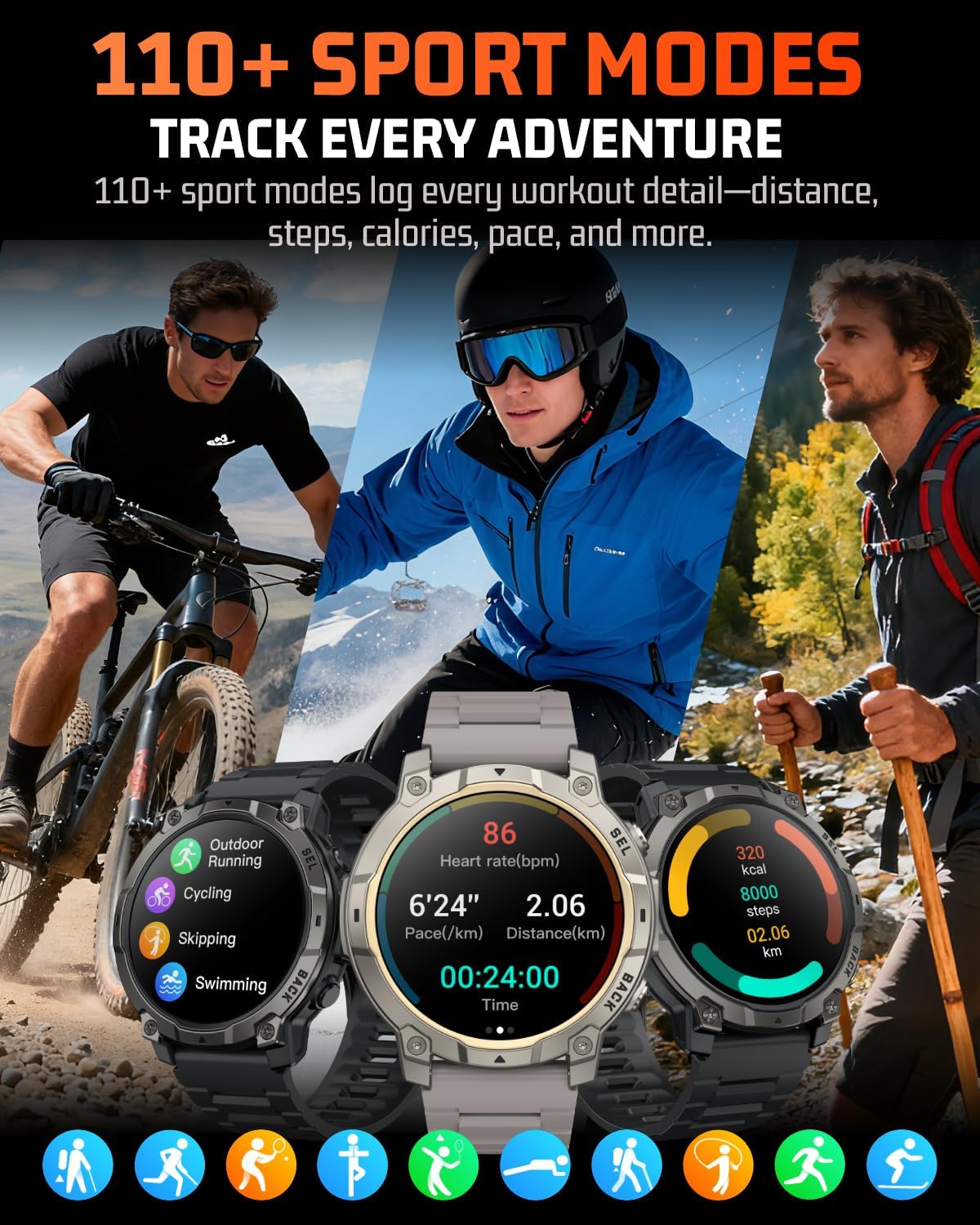 Reloj inteligente militar para hombre, rastreador de actividad física de 1.39 pulgadas con luz LED, contador de pasos, monitor de calorías de sueño, impermeable, 420 mAh, reloj inteligente
