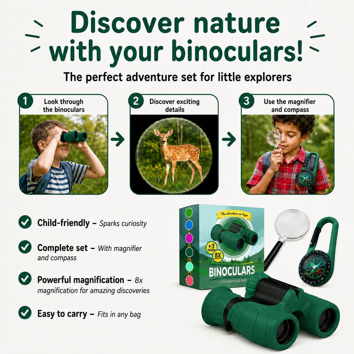 Binoculares para niños – Juguete perfecto para niños pequeños y niñas – Juego extenso que incluye lupa y brújula – Potente aumento 8 x 21 – niños de 3 a 12 años para niños pequeños