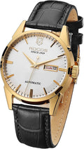 ROCOSJEWE R0101 Reloj Automático Mecánico para Hombre de Lujo Dorado Reloj Clásico Retro Correa de Cuero Marrón Impermeable Regalo para Hombre Moda Negocios