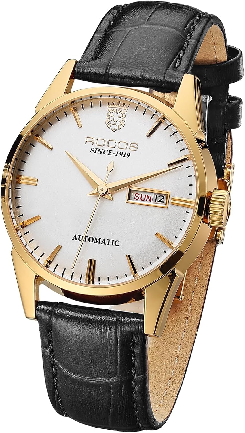 ROCOSJEWE R0101 Reloj Automático Mecánico para Hombre de Lujo Dorado Reloj Clásico Retro Correa de Cuero Marrón Impermeable Regalo para Hombre Moda Negocios
