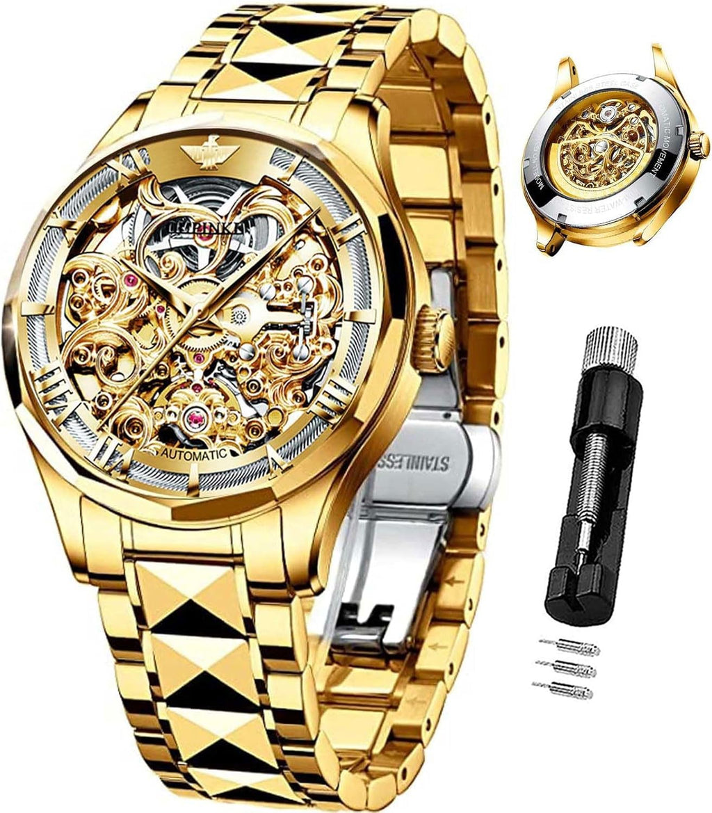 OLEVS Relojes automáticos para hombre esqueleto dorado acero inoxidable